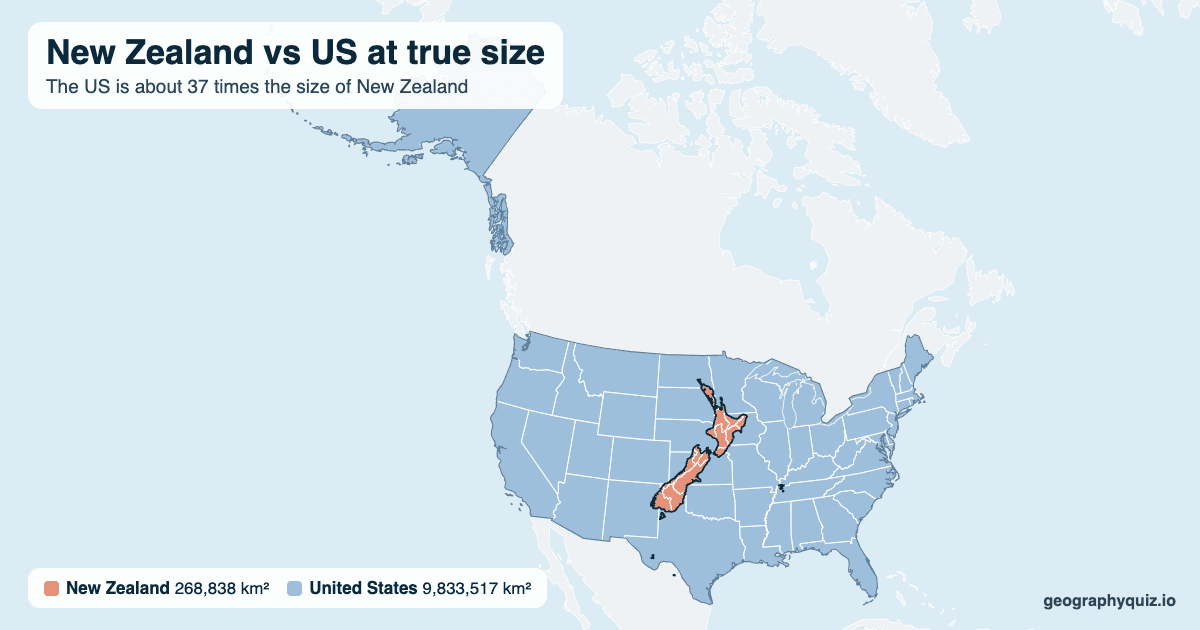 New Zealand vs US size comparison map: New Zealand laid over the US at true size. The US is about 37 times the size of New Zealand.
