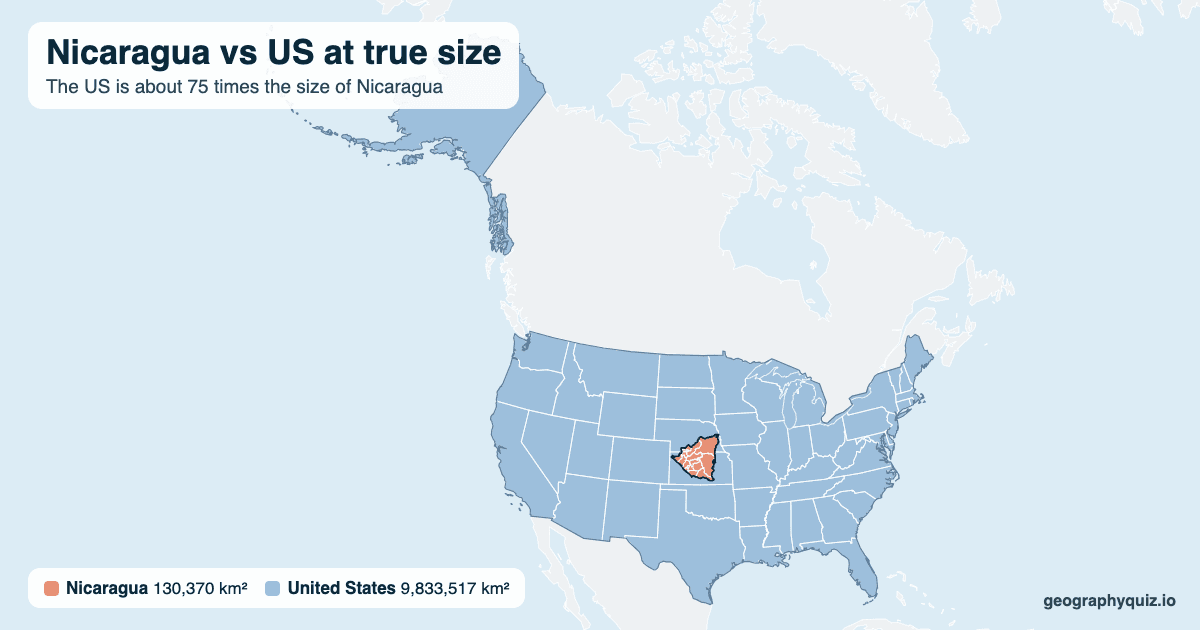 Nicaragua vs US size comparison map: Nicaragua laid over the US at true size. The US is about 75 times the size of Nicaragua.