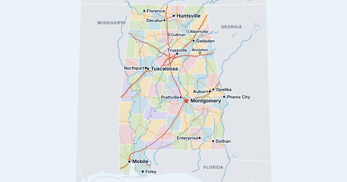 Kaart van Alabama met de grootste steden