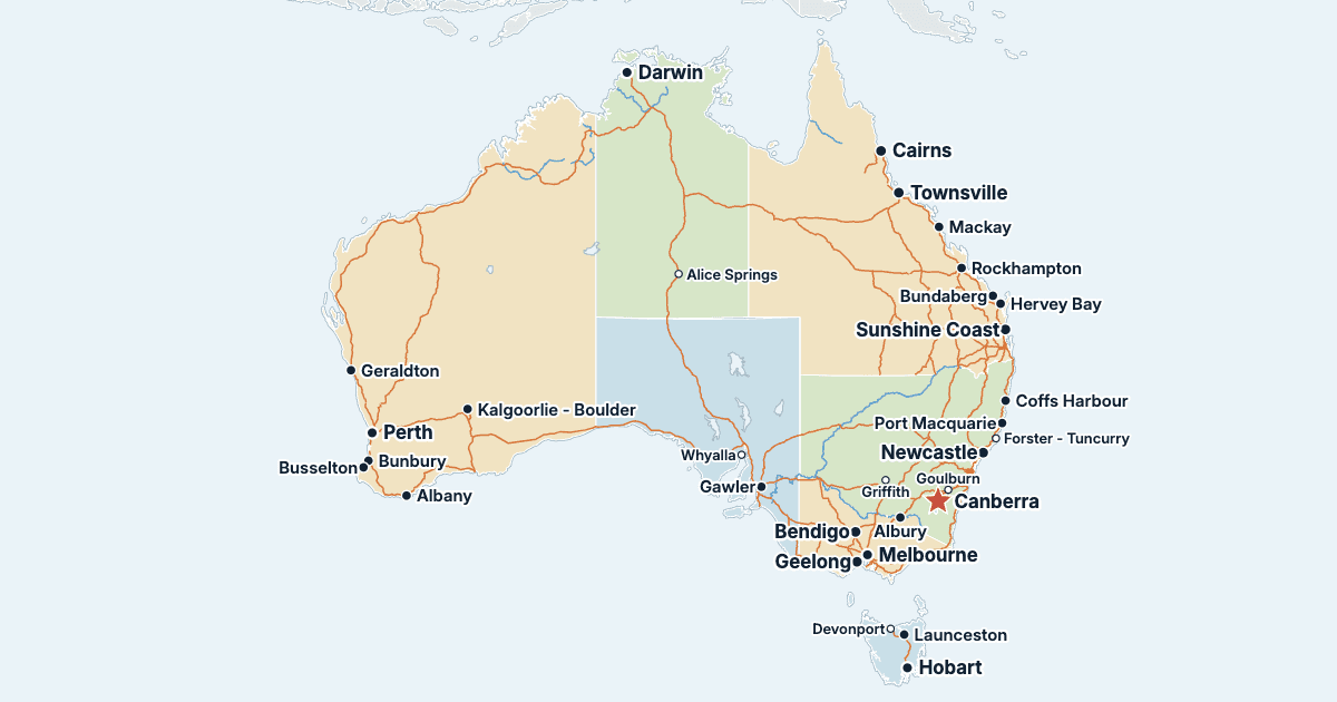 Kaart van Australië met de grootste steden