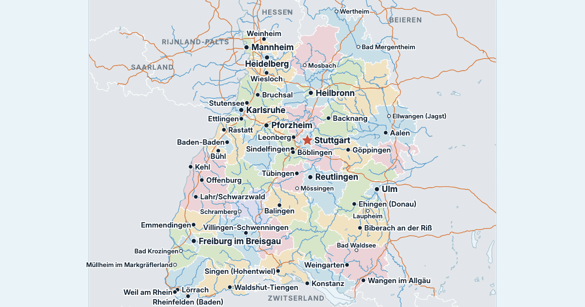 Kaart van Baden-Württemberg met de grootste steden