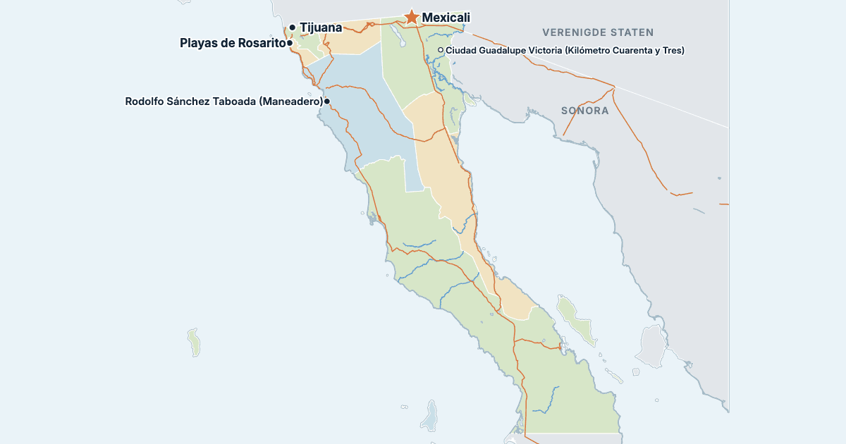 Kaart van Baja California met de grootste steden