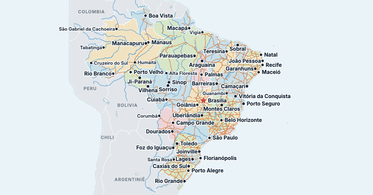 Kaart van Brazilië met de grootste steden