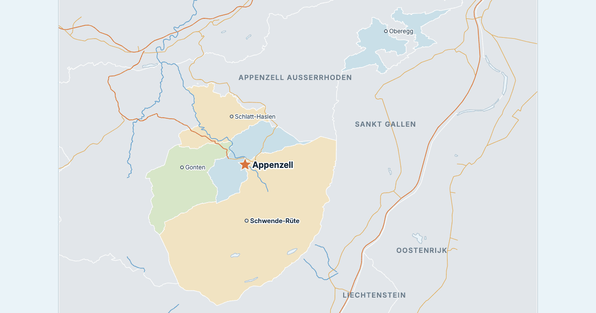 Kaart van het kanton Appenzell Innerrhoden met de grootste steden