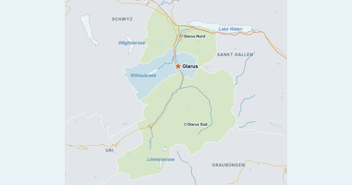 Kaart van het kanton Glarus met de grootste steden