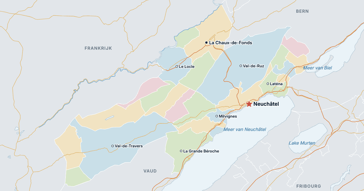 Kaart van het kanton Neuchâtel met de grootste steden