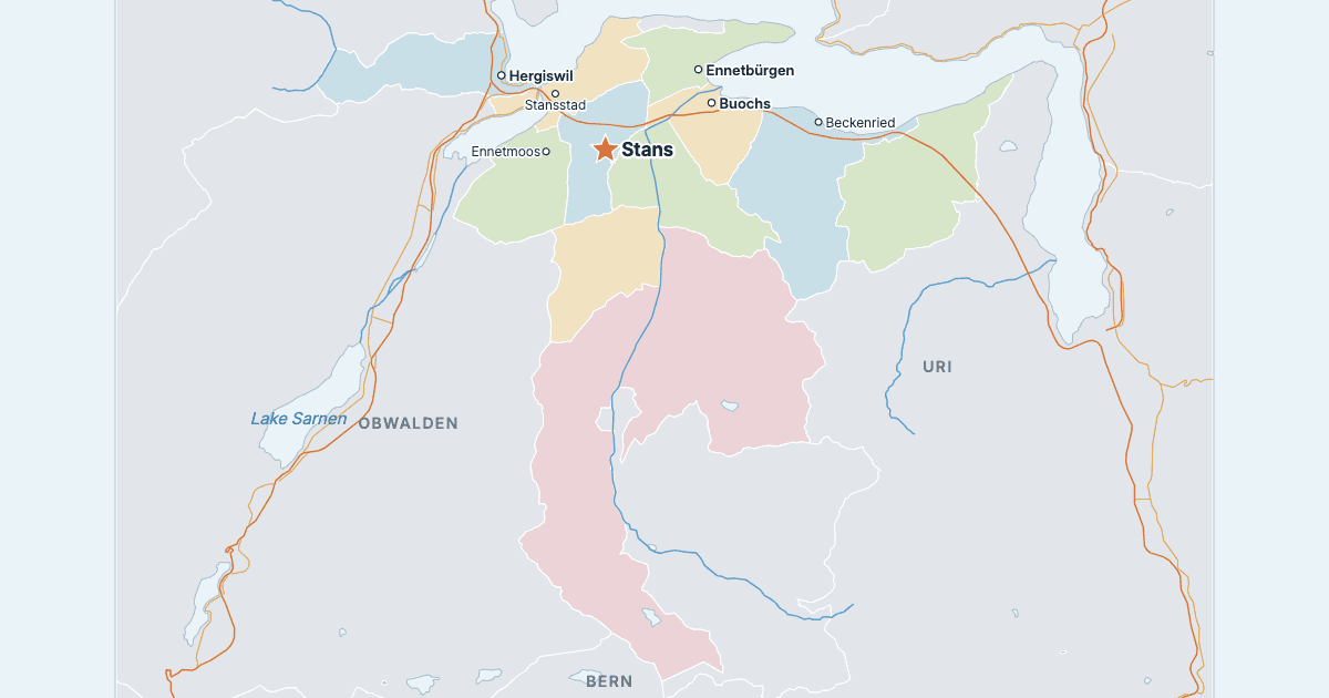 Kaart van het kanton Nidwalden met de grootste steden