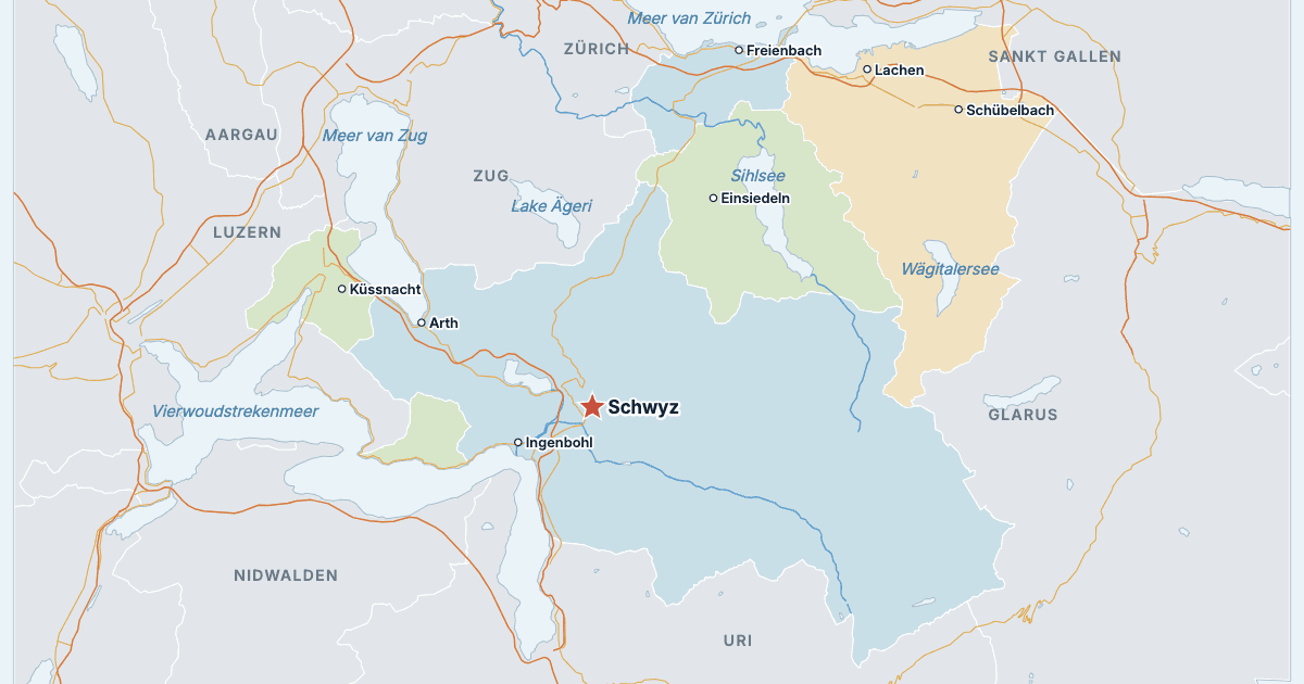 Kaart van het kanton Schwyz met de grootste steden