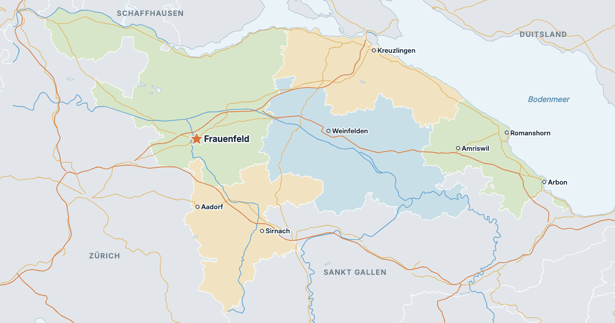 Kaart van het kanton Thurgau met de grootste steden