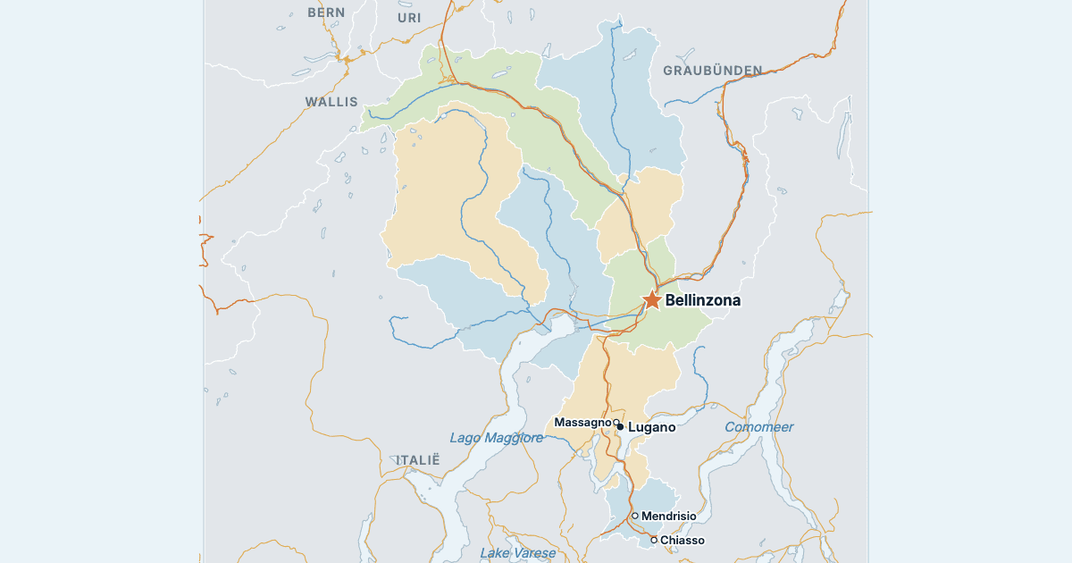 Kaart van het kanton Ticino met de grootste steden