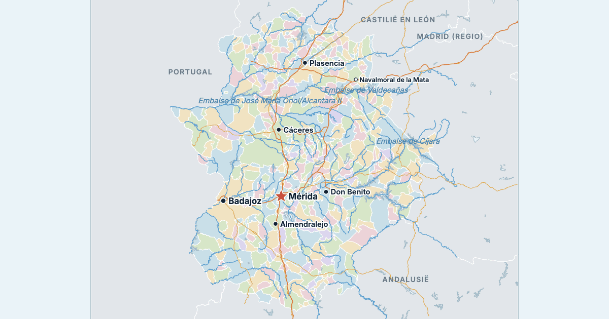 Kaart van Extremadura met de grootste steden