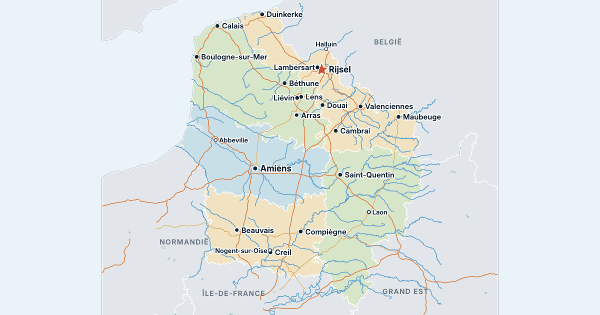 Kaart van Hauts-de-France met de grootste steden