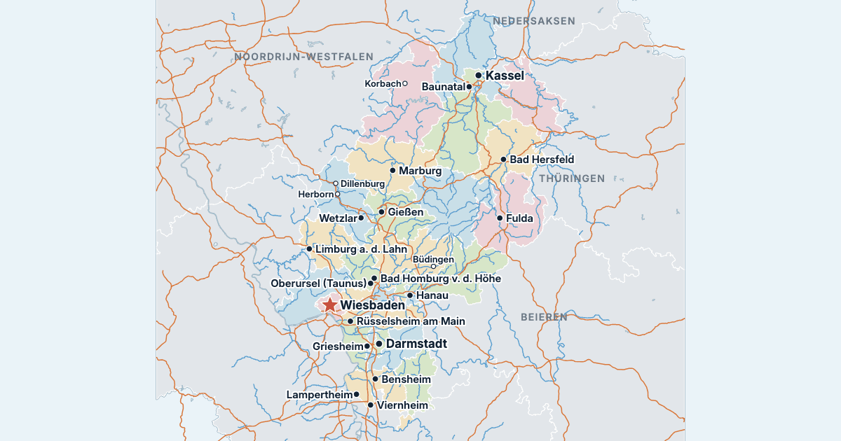 Kaart van Hessen met de grootste steden