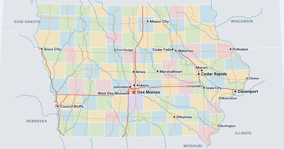 Kaart van Iowa met de grootste steden