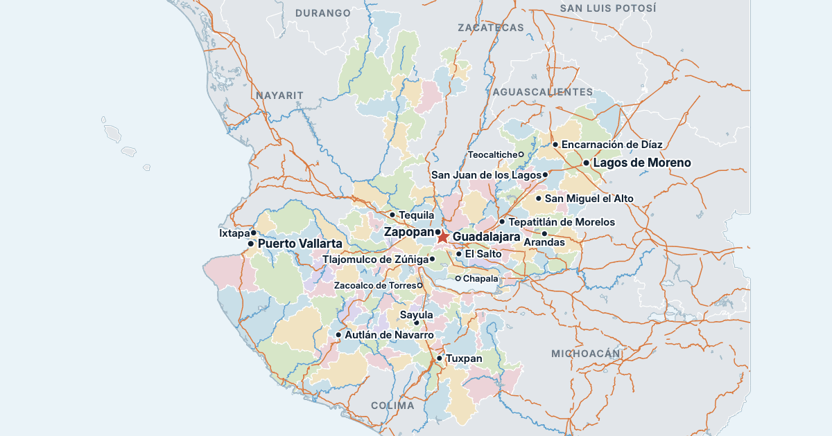 Kaart van de staat Jalisco met de grootste steden