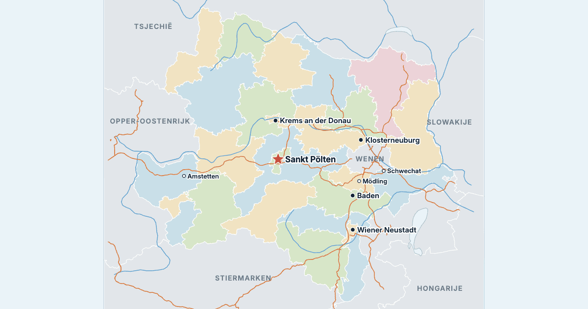 Kaart van Neder-Oostenrijk met de grootste steden
