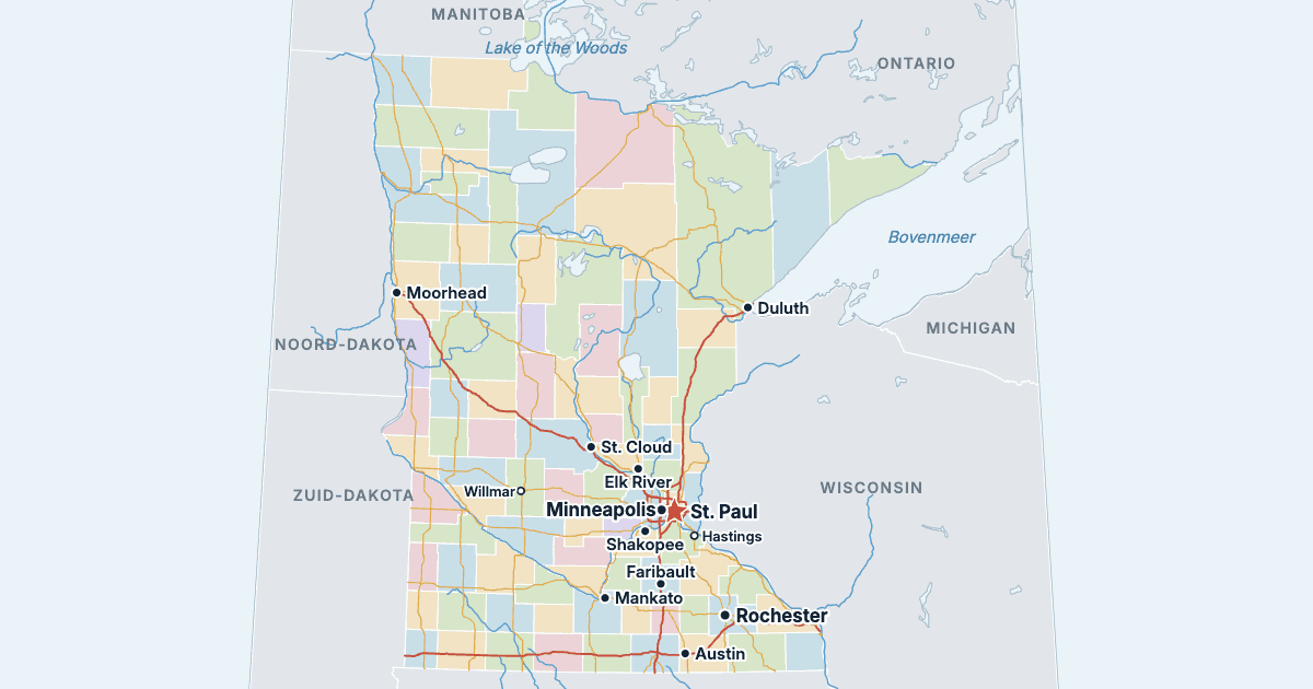 Kaart van Minnesota met de grootste steden