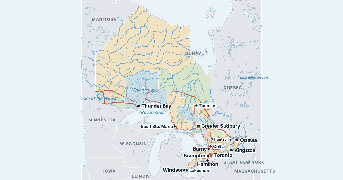 Kaart van Ontario met de grootste steden