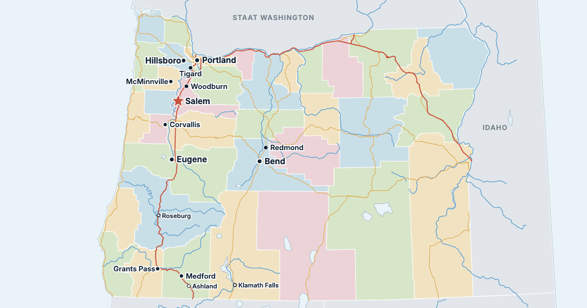 Kaart van Oregon met de grootste steden