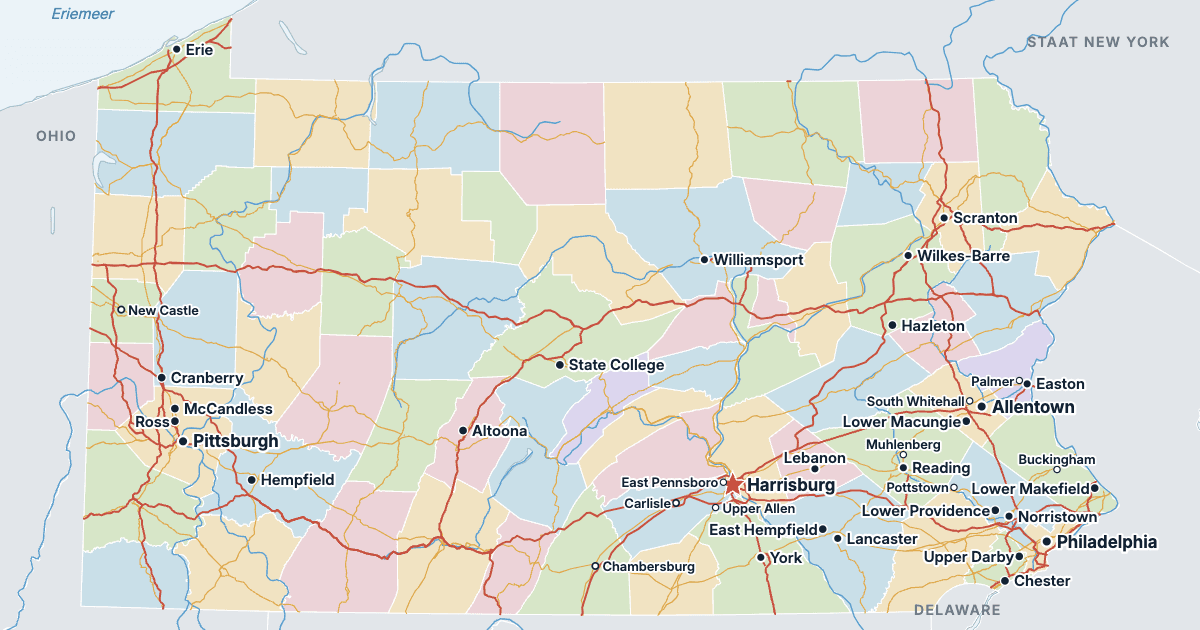 Kaart van Pennsylvania met de grootste steden