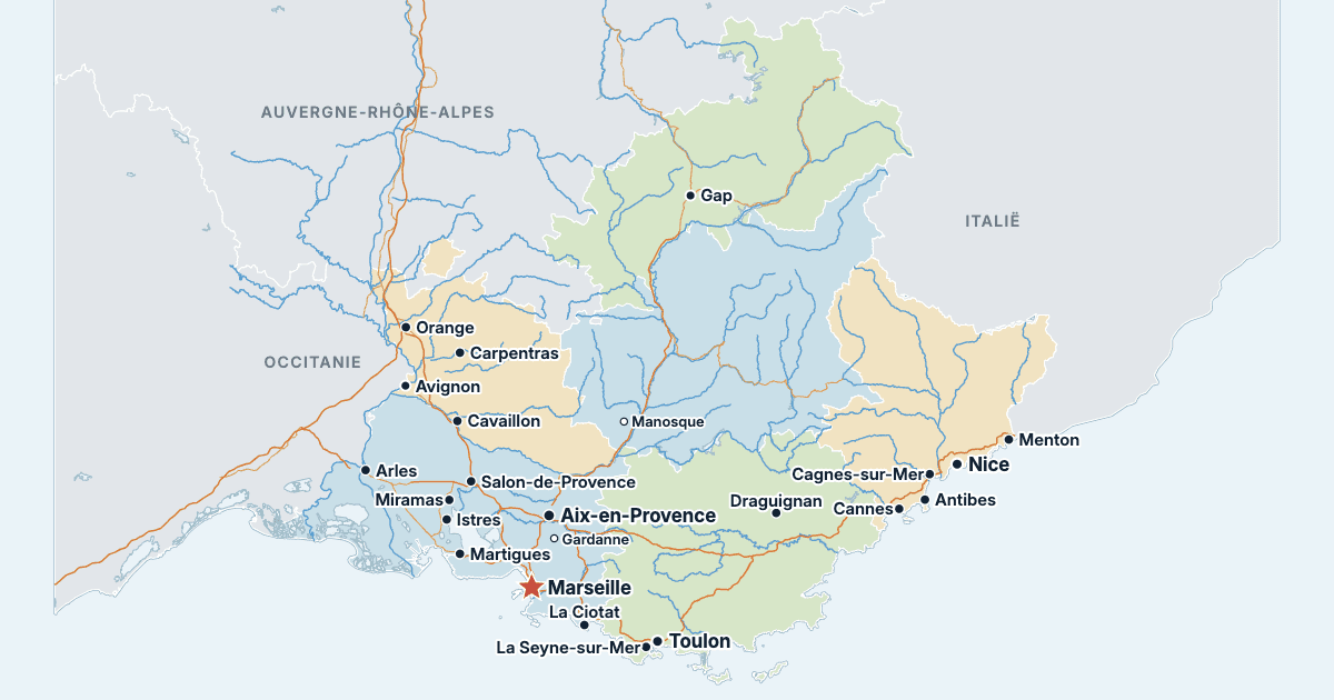 Kaart van Provence-Alpes-Côte d’Azur met de grootste steden