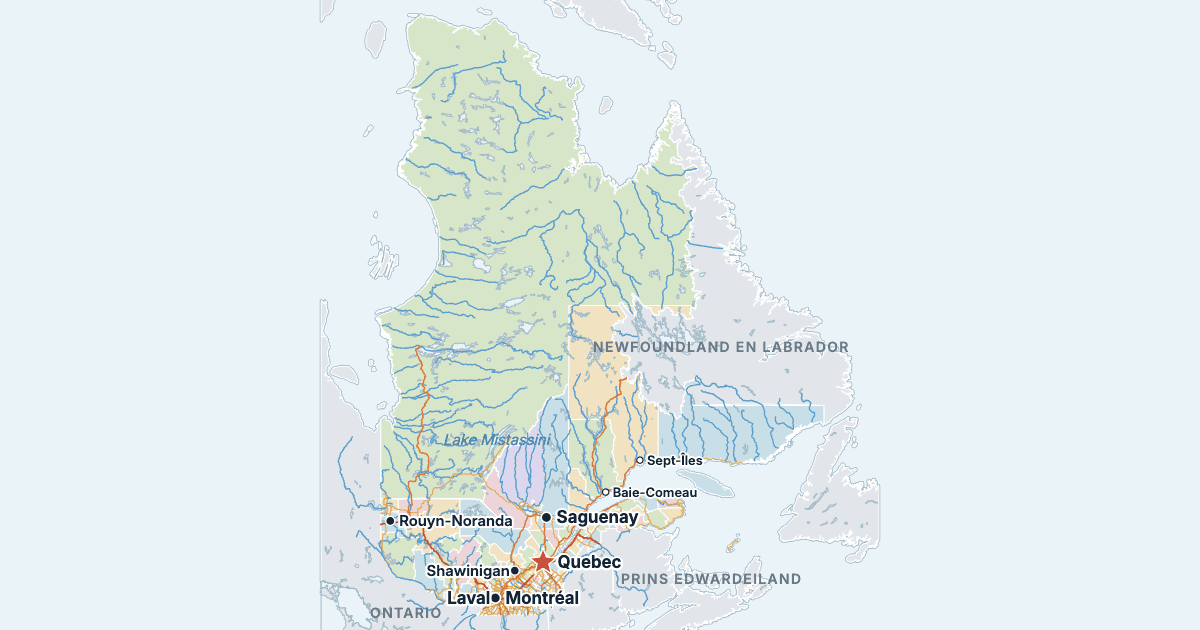 Kaart van Quebec met de grootste steden