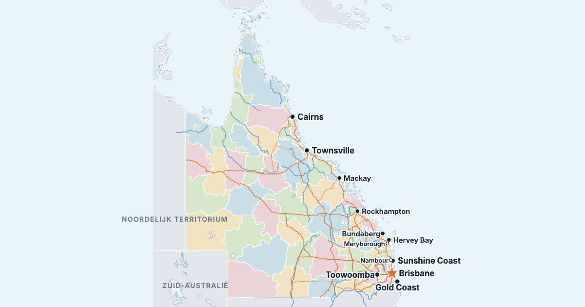 Kaart van Queensland met de grootste steden