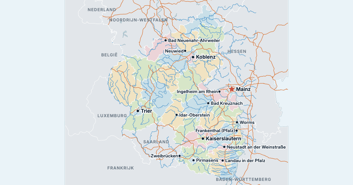 Kaart van Rijnland-Palts met de grootste steden