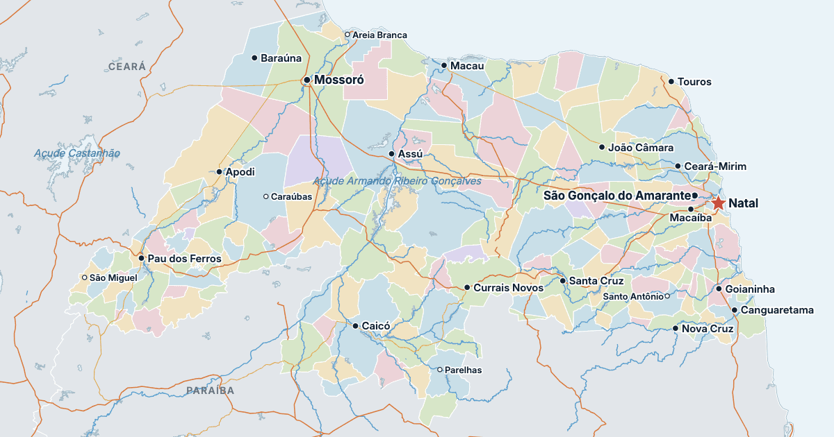 Kaart van de staat Rio Grande do Norte met de grootste steden