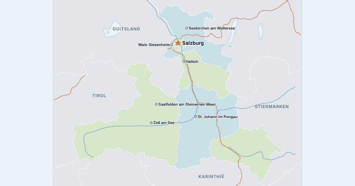 Kaart van de deelstaat Salzburg met de grootste steden