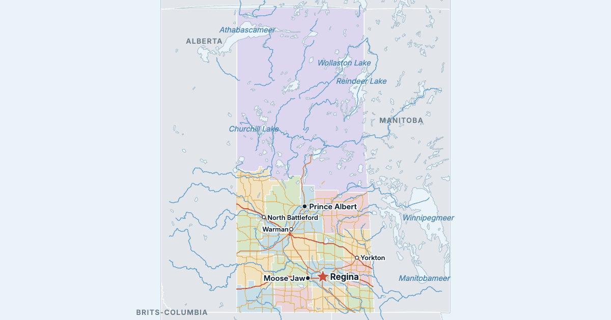 Kaart van Saskatchewan met de grootste steden