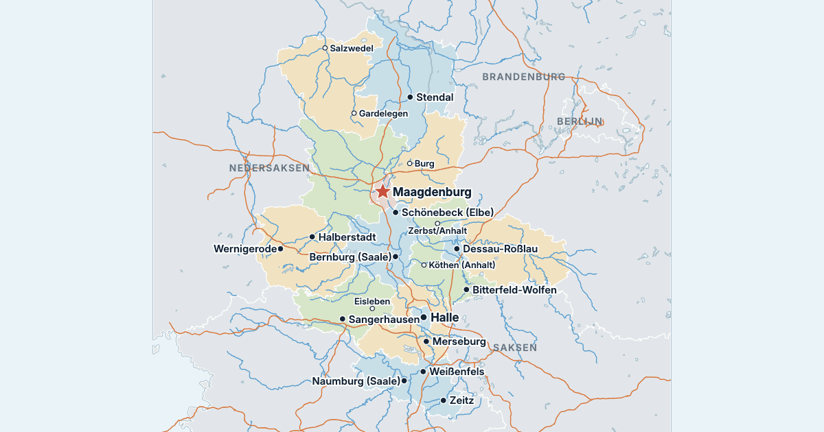 Kaart van Saksen-Anhalt met de grootste steden