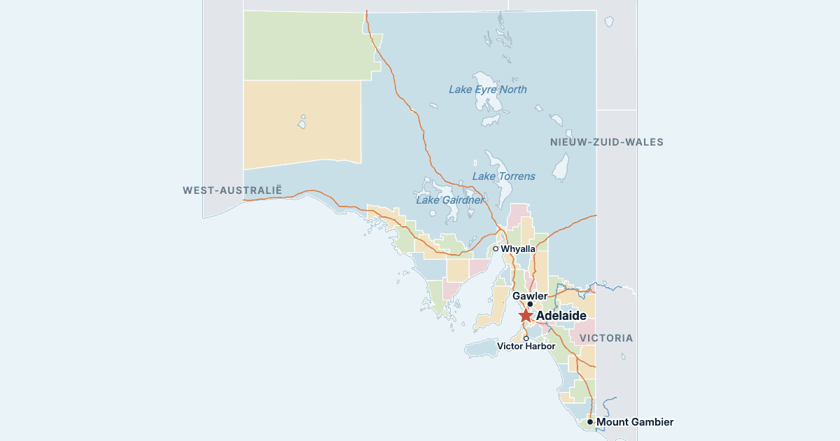 Kaart van Zuid-Australië met de grootste steden