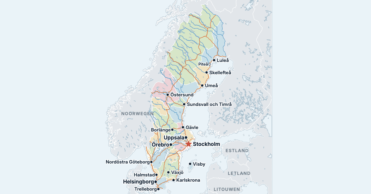 Kaart van de landschappen van Zweden met de grootste steden