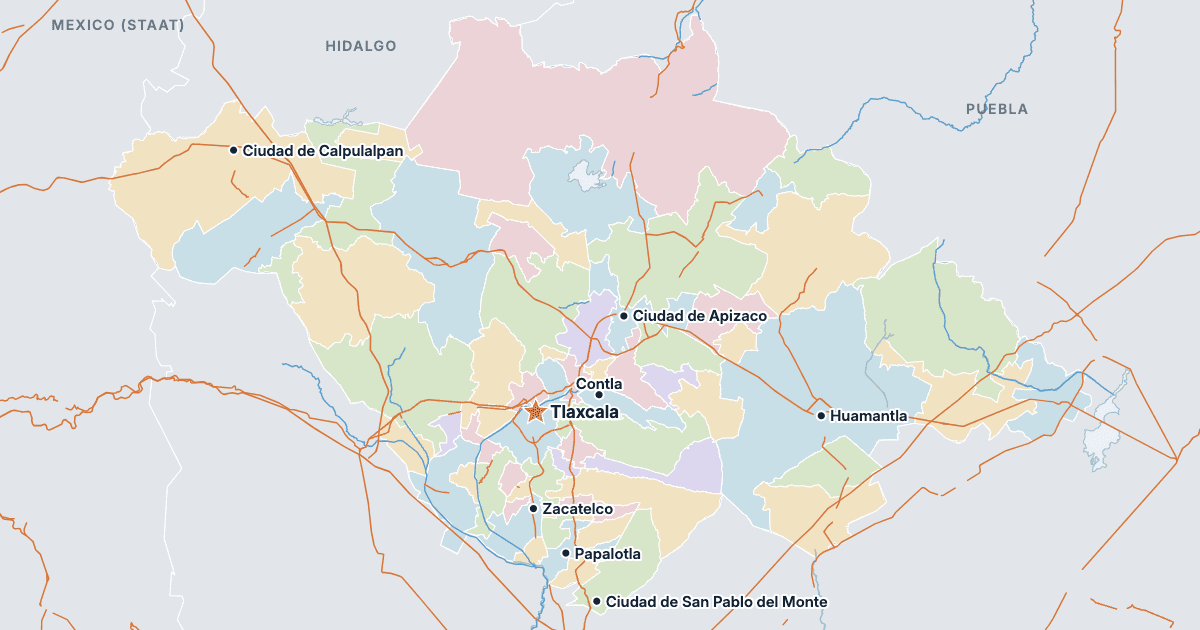 Kaart van de staat Tlaxcala met de grootste steden