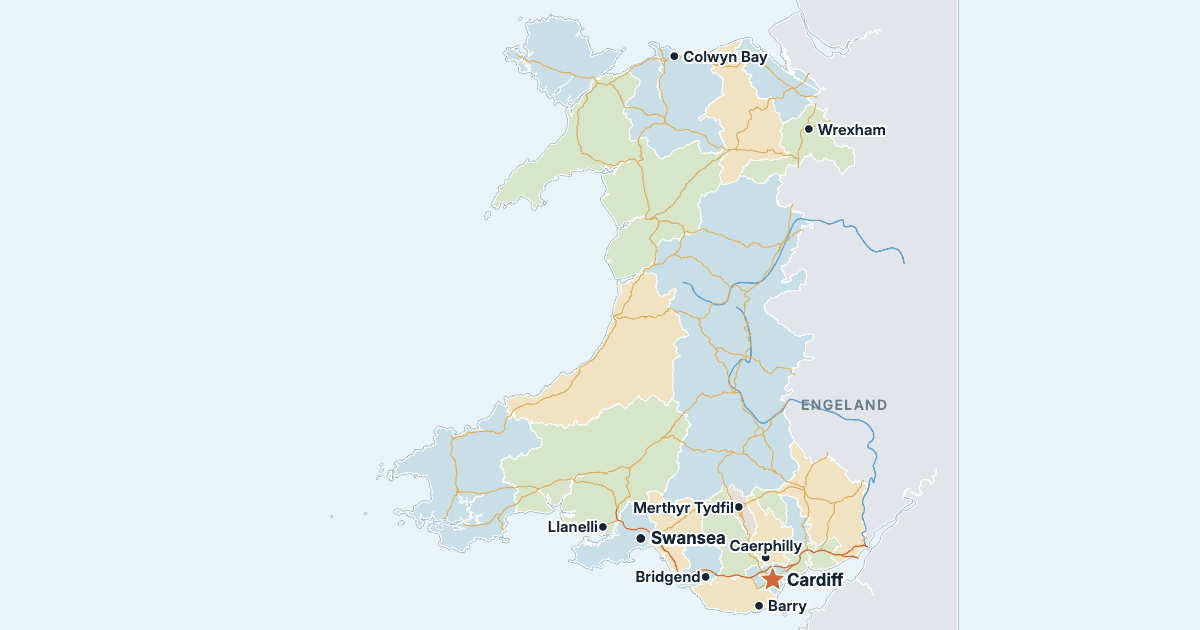 Kaart van Wales met de grootste steden