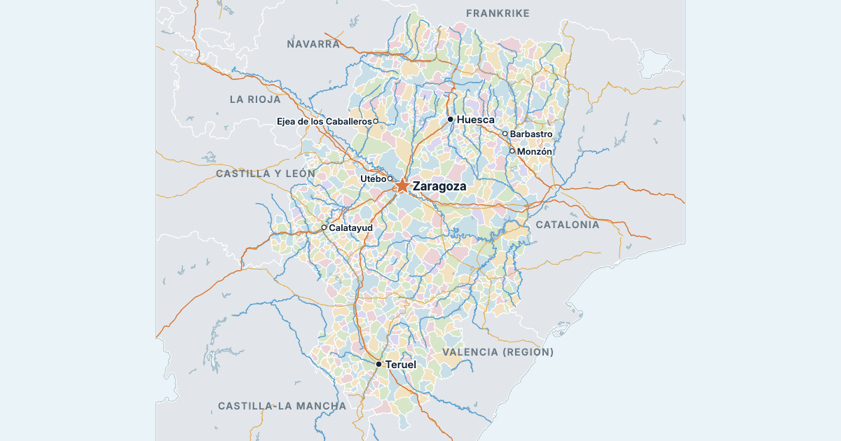 Kart over Aragón med de største byene