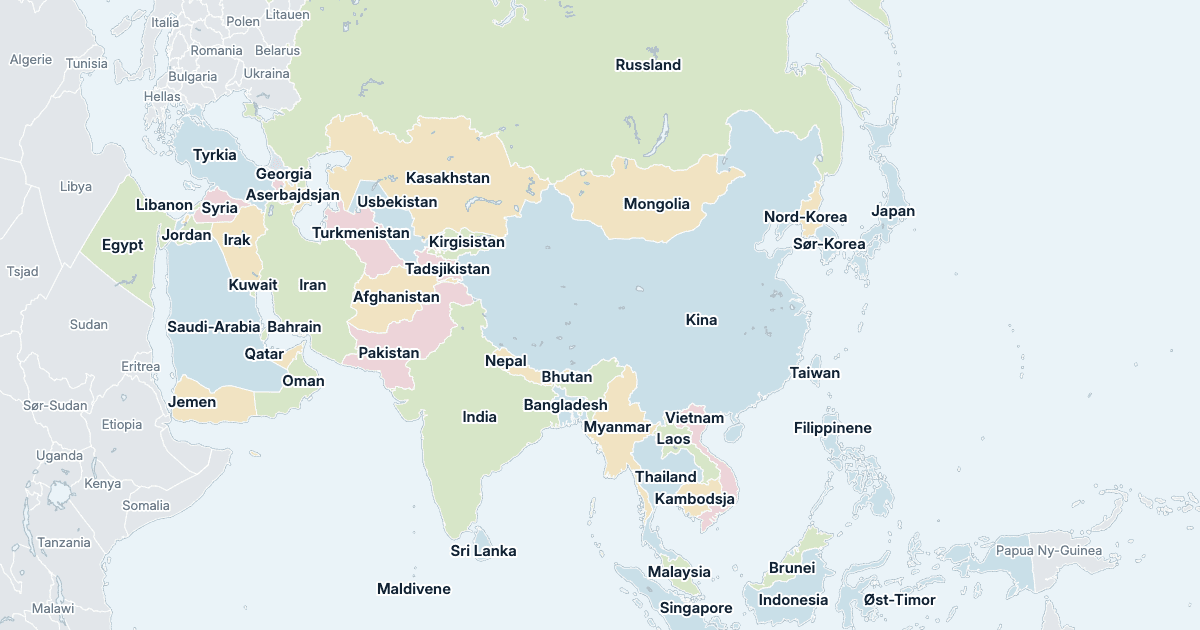 Kart over Asia: alle land med navn