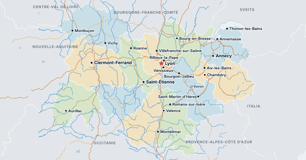 Kart over Auvergne-Rhône-Alpes med de største byene