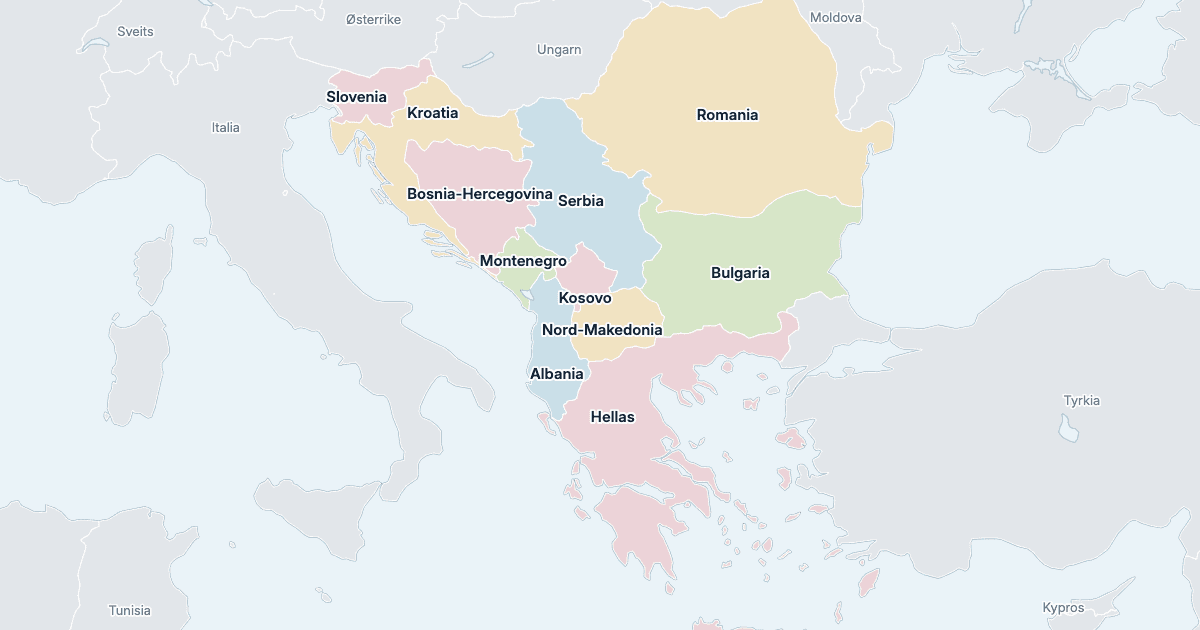 Kart over Balkan: alle land med navn
