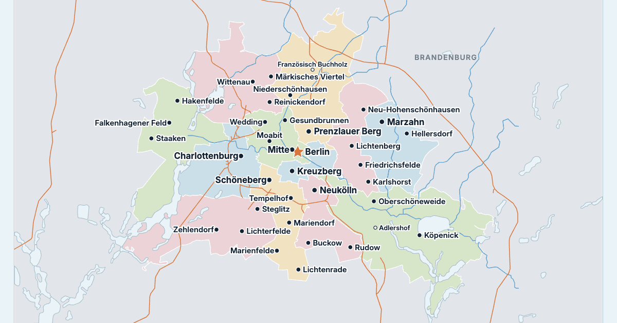 Kart over Berlin med de største byene