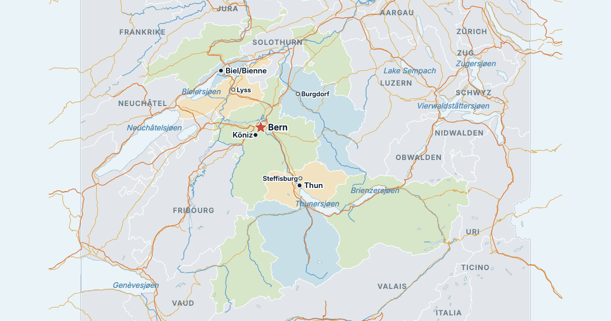 Kart over kantonen Bern med de største byene
