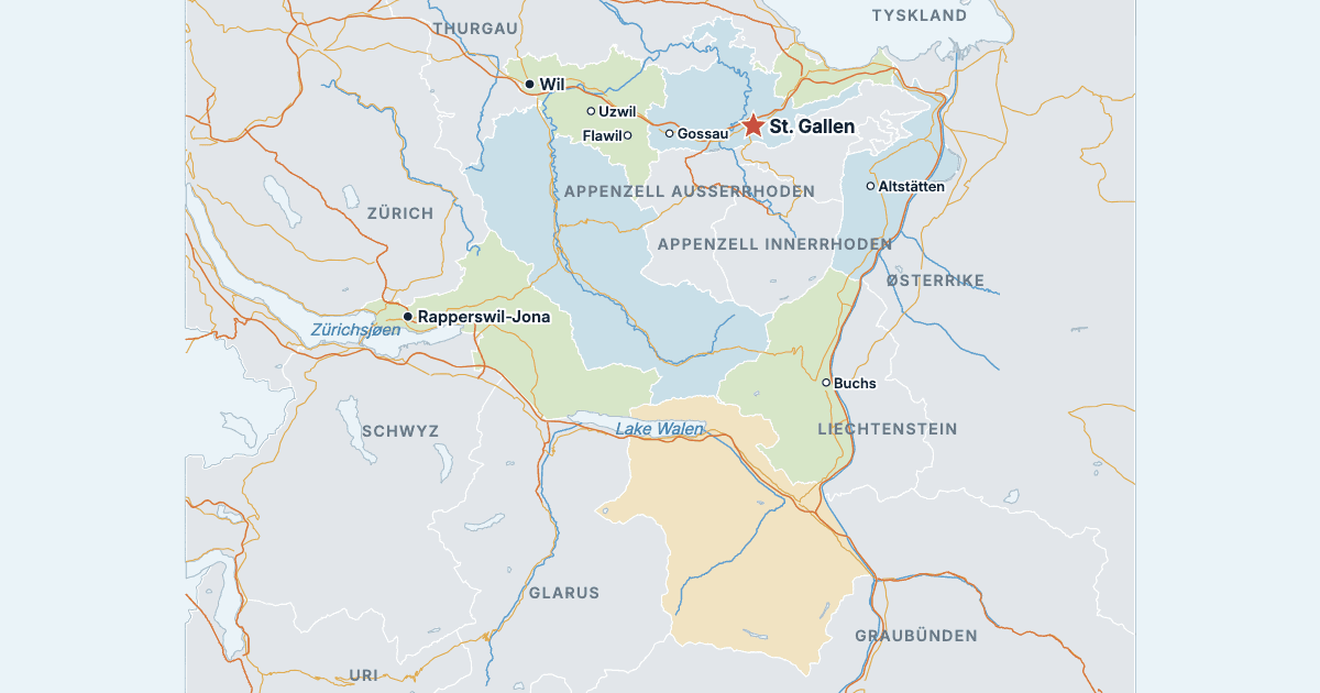 Kart over kantonen St. Gallen med de største byene