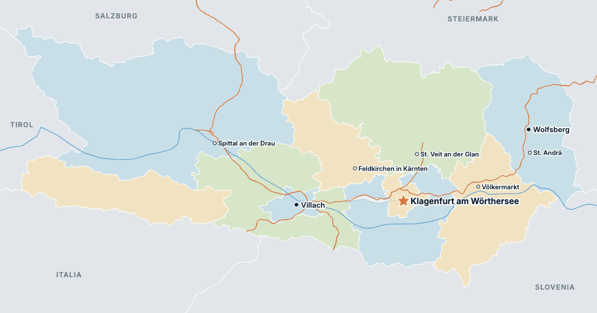 Kart over Kärnten med de største byene