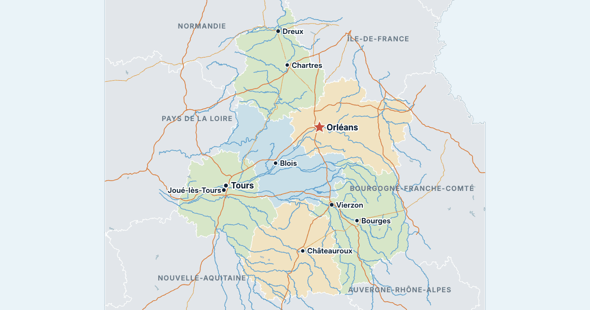 Kart over Centre-Val de Loire med de største byene