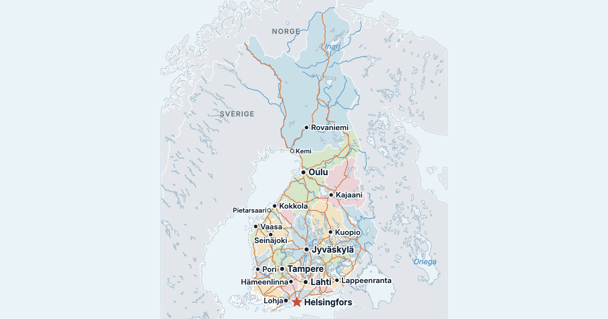 Kart over Finland med de største byene