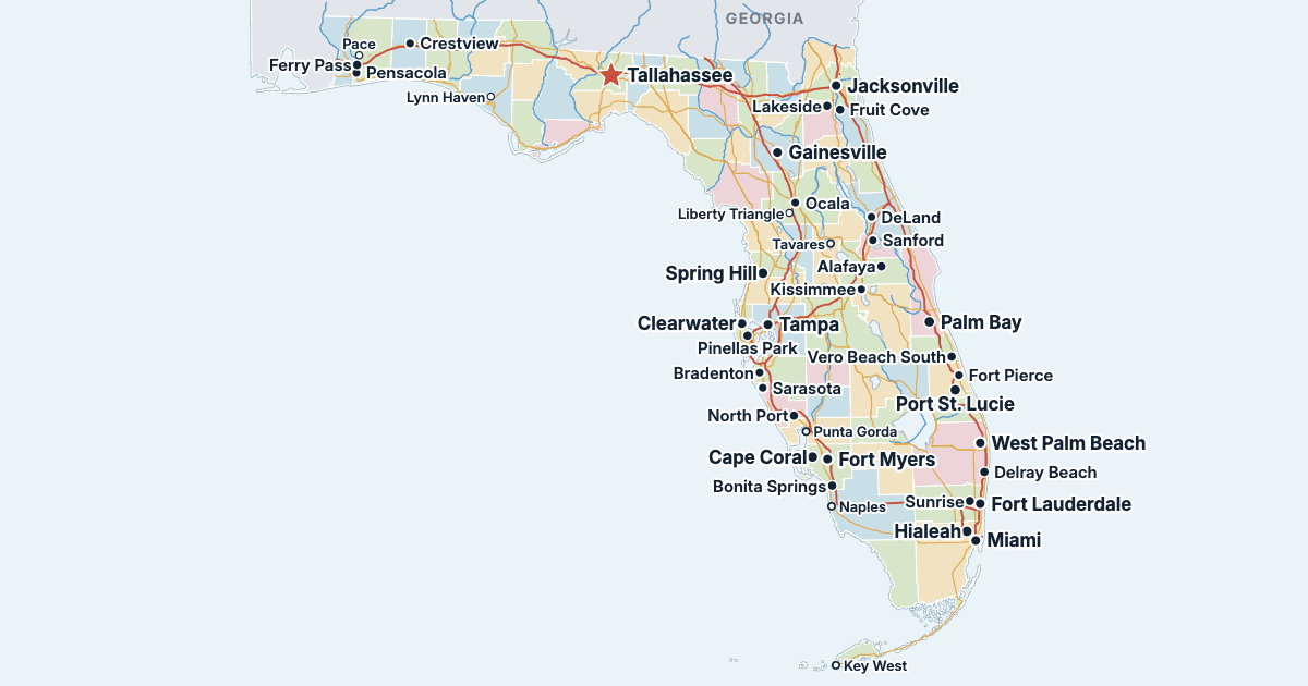 Kart over Florida med de største byene
