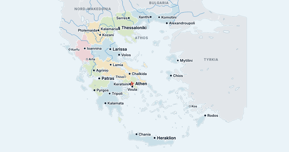 Kart over Hellas med de største byene