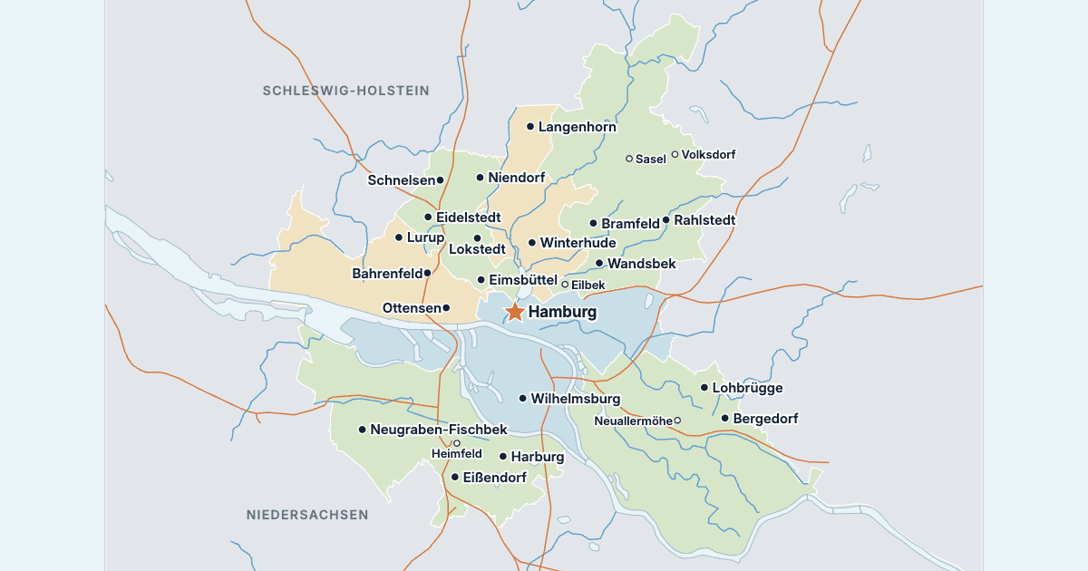 Kart over Hamburg med de største byene