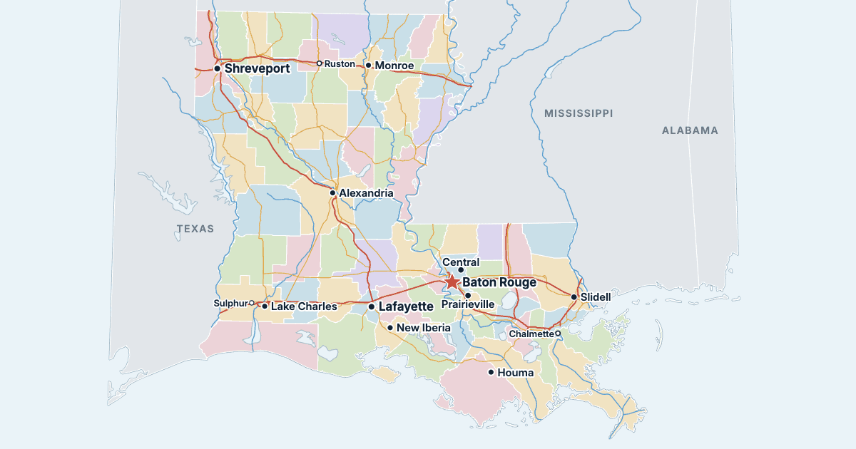 Kart over Louisiana med de største byene